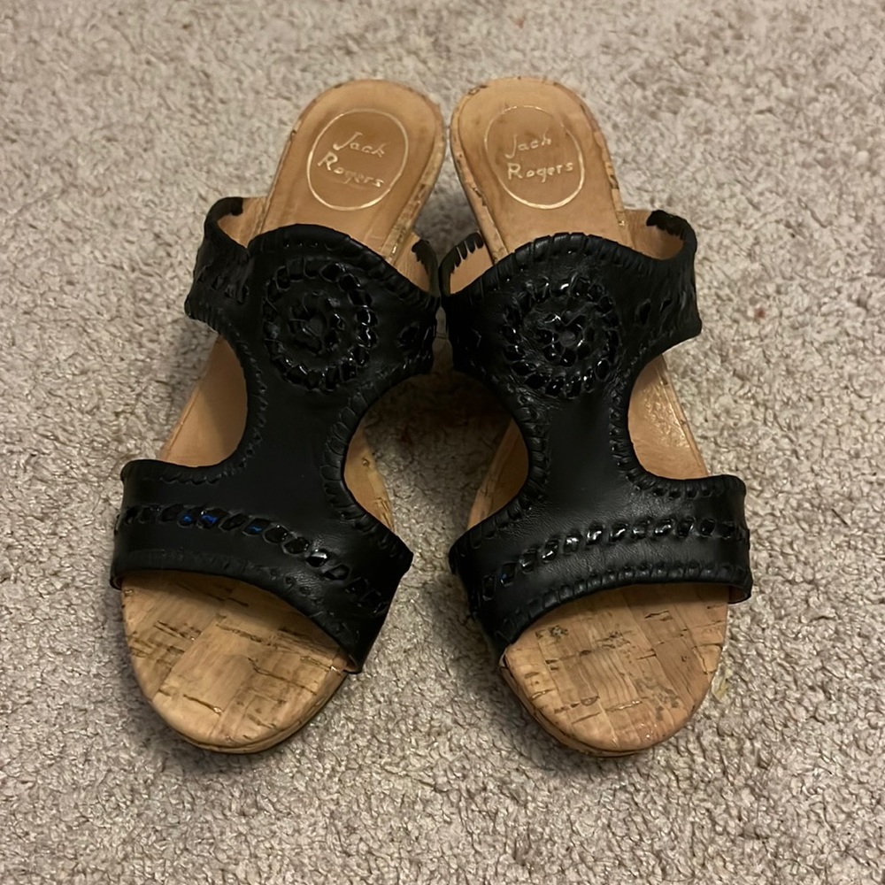 Jack Rogers Emilia‎ Sandals Slides Leather Platform Wedge Cork Black Size 9